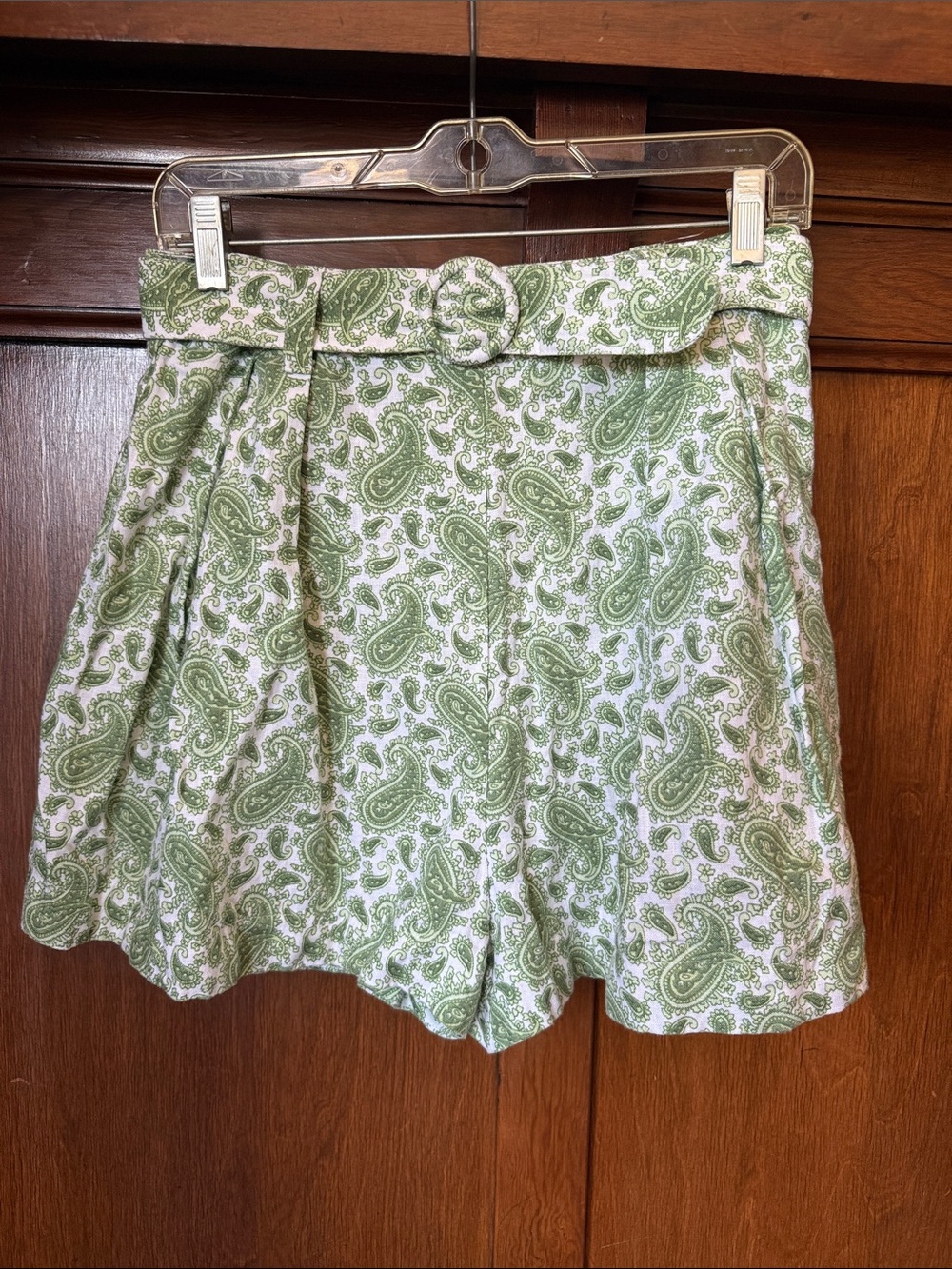 Faithful The Brand, High-Waist Paisley Belted Women’s Linen Shorts in Green